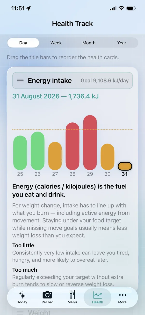 Energy intake chart by day with goal line