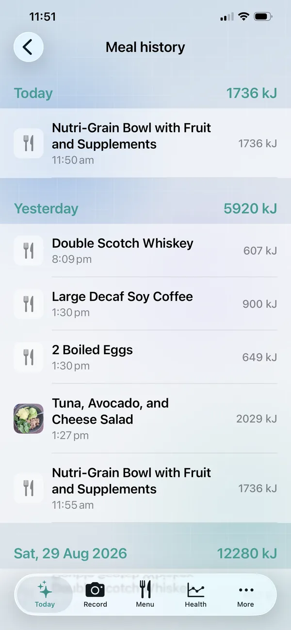 Meal history grouped by day with energy totals