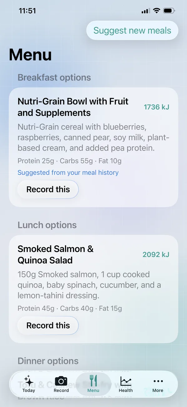 Menu suggestions for breakfast and lunch