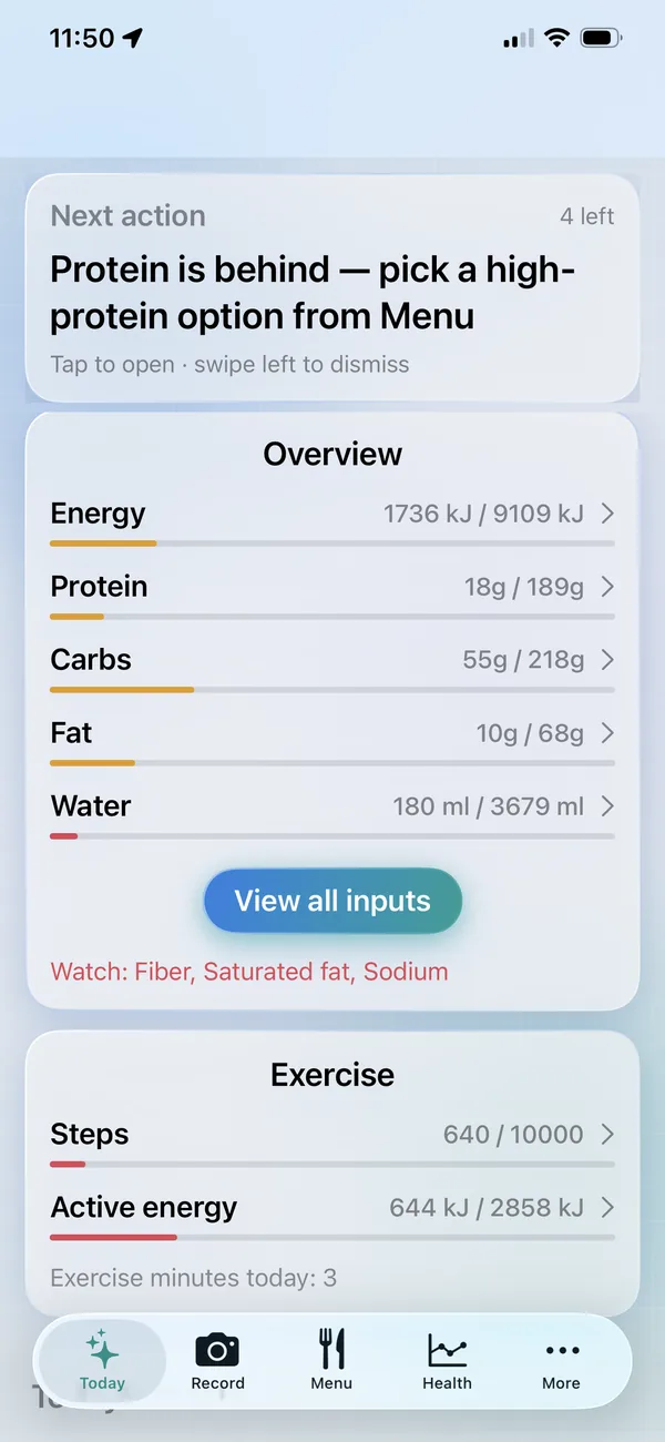 The Today screen: next action, energy, protein, carbs, fat, water and exercise